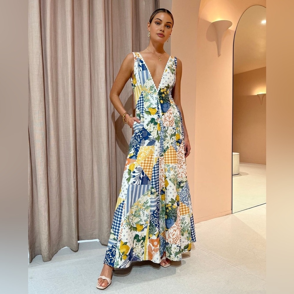 Commense Lemonade Print Lace Trim Long Dress